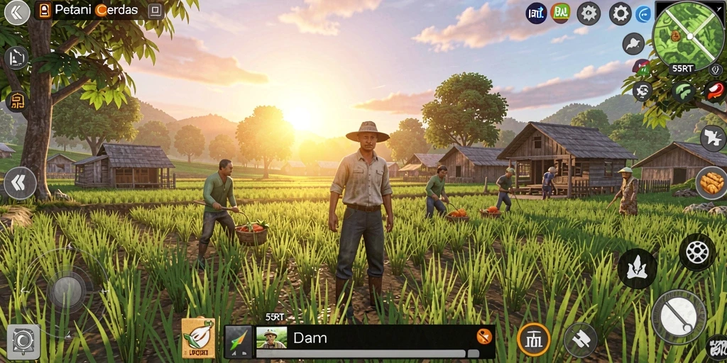 Screenshot gameplay 55RT yang menunjukkan aktivitas bercocok tanam.