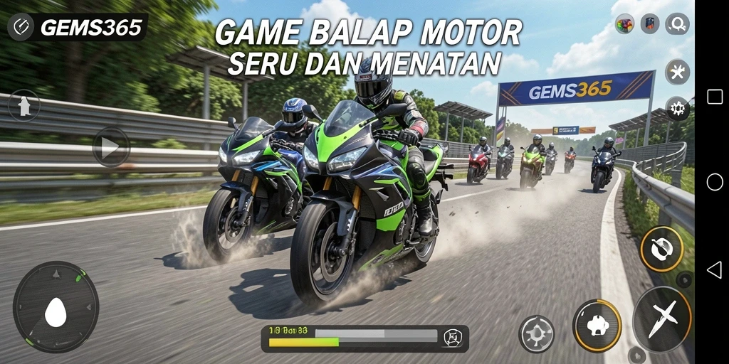 Tampilan gameplay GEMS365 dengan balapan motor yang seru.