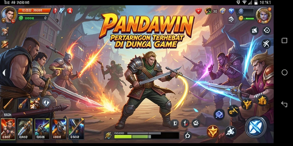 Screenshot gameplay PANDAWIN memperlihatkan pertarungan seru antara karakter.