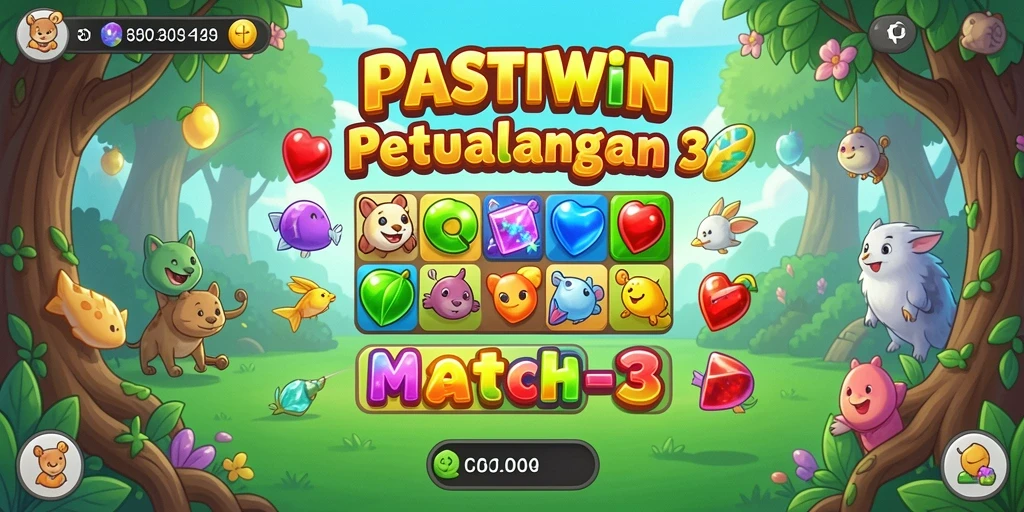 Screenshot PASTIWIN menunjukkan keseruan gameplay Match-3 yang penuh warna.